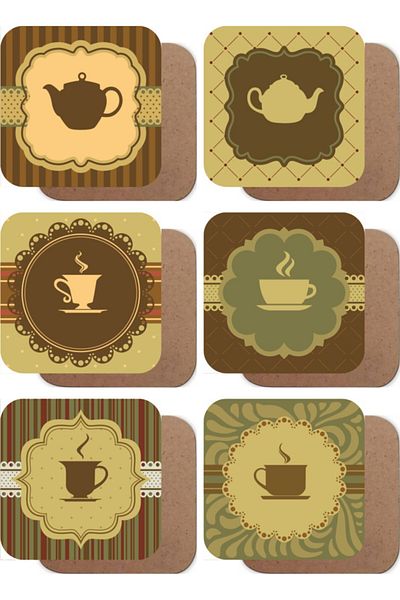 Hayat Poster Ottoman Style Coffee Patterns Themed Set of 6 Wooden Coasters