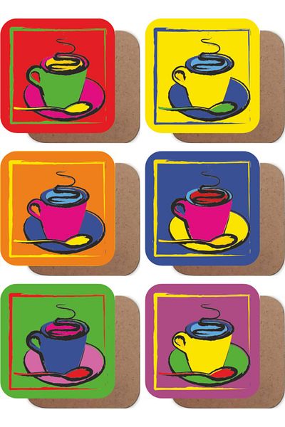 Hayat Poster Pop Art Colorful Cups Set of 6 Wooden Coasters