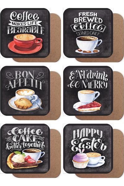 Hayat Poster Vintage Coffee Cake Themed Set of 6 Retro Wooden Coasters
