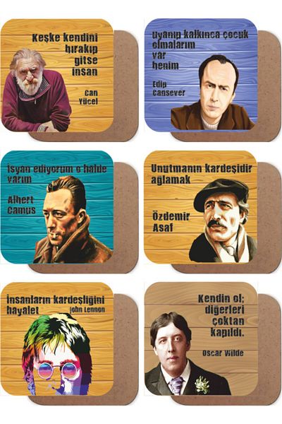 Hayat Poster Can Yücel, Edip Cansever, Özdemir Asaf Literature Set of 6 Wooden Coasters