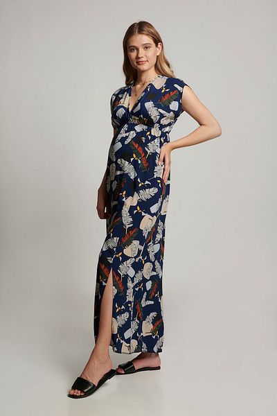 LYN MAMA JACOP Double Breasted Collar Breastfeeding Feature Patterned Slit Navy Blue Maternity Dress
