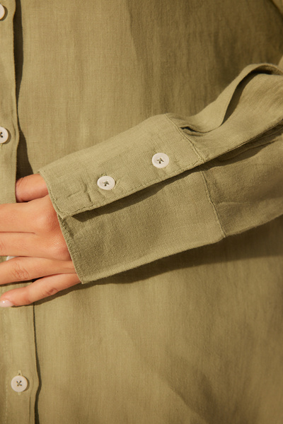 Trendyol Collection Mint 100% Linen Oversize Shirt with Accessory Detail TWOSS24GO00120