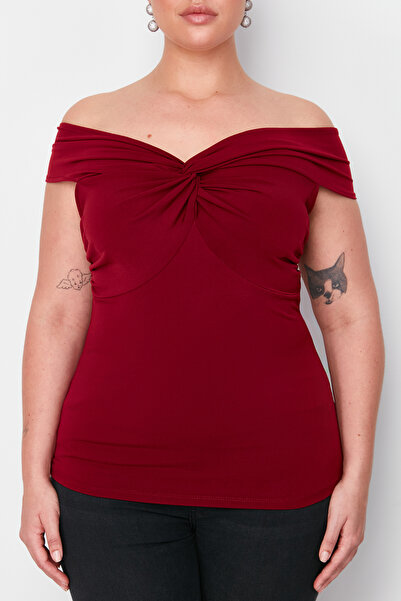 Trendyol Curve Λεπτομερής πλεκτή μπλούζα με μπορντό κόμπο TBBSS24AF00085