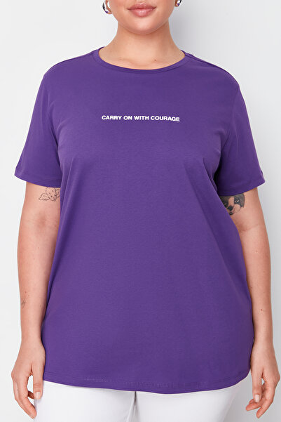 Trendyol Curve Μπλουζάκι Crew Neck Purple Boyfriend Fit με στάμπα - 100% βαμβάκι, συν μέγεθος TBBSS23BF00022