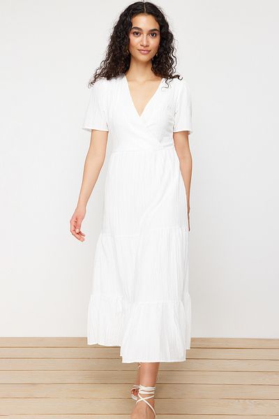 Trendyol Collection Λευκή φούστα με ανοιχτή μέση με διπλό γιακά με επένδυση Maxi υφαντό φόρεμα TWOSS24EL00693