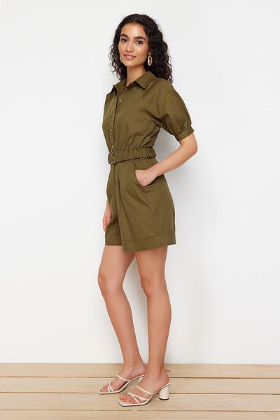 Trendyol Collection Khaki Belted Shirt Collar Gabardine Mini Woven Jumpsuit TWOSS21TU0238