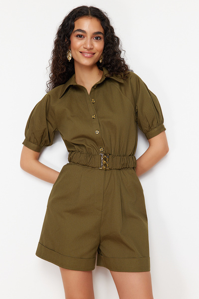 Trendyol Collection Khaki Belted Shirt Collar Gabardine Mini Woven Jumpsuit TWOSS21TU0238