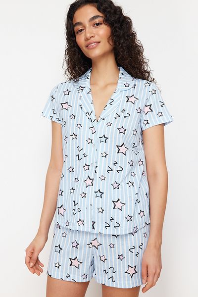 Trendyol Collection Blue-Star Patterned Cotton Pajamas Set Thmss24Pt00200