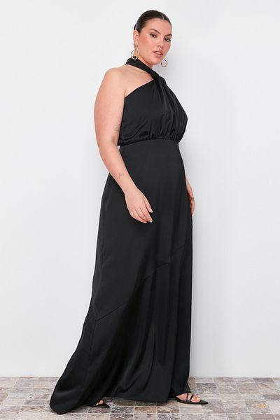 Trendyol Curve Black Halter Neck Satin Maxi/Long Length Plus Size Party/Homecoming/Evening Dress Tbbss24Ah00150