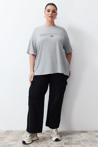 Trendyol Curve Βαμβακερό μπλουζάκι Oversize Grey Melange Printed - TBBSS24BF00020