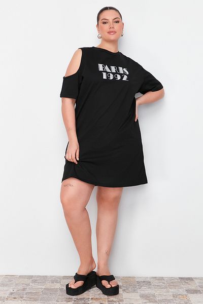 Trendyol Curve 100% Cotton Black Glitter Printed Dress - TBBSS24AH00147