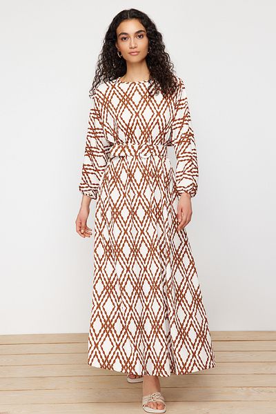 Trendyol Modest Cinnamon Patterned Belt Detailed Crinkle Woven Dress TCTSS24EB00233