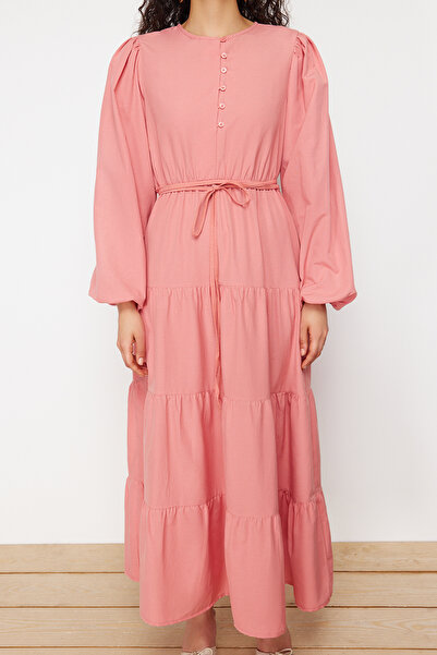 Trendyol Modest Dried Rose Button and Waist Tie Detailed Woven Dress TCTSS24EB00163