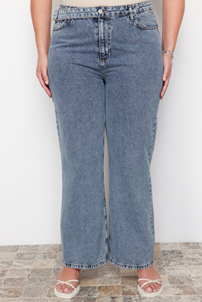 Trendyol Curve Modré džíny s vysokým pasem a širokým střihem velké velikosti TBBAW24CJ00008