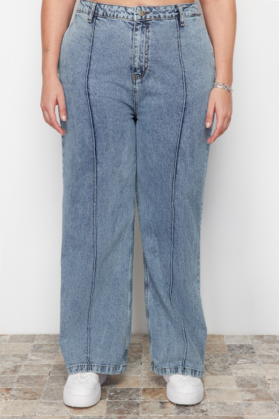 Trendyol Curve Světle modré džíny s vysokým pasem a žebrovaným širokým střihem TBBAW23CJ00013