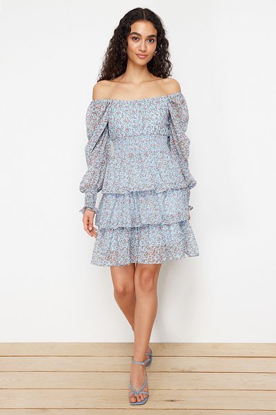 Trendyol Collection Rochie mini din șifon cu guler Madonna albastru - căptușită, stil patinaj, TWOSS24EL00916