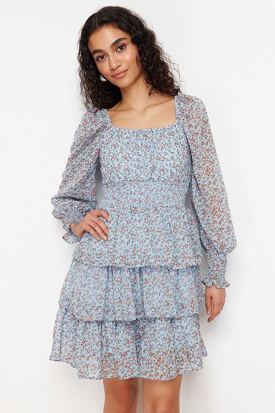 Trendyol Collection Rochie mini din șifon cu guler Madonna albastru - căptușită, stil patinaj, TWOSS24EL00916