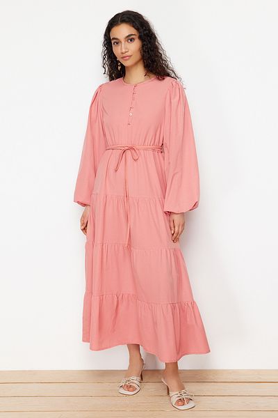 Trendyol Modest Λεπτομερές υφασμένο φόρεμα με αποξηραμένο τριαντάφυλλο και γραβάτα μέσης TCTSS24EB00163