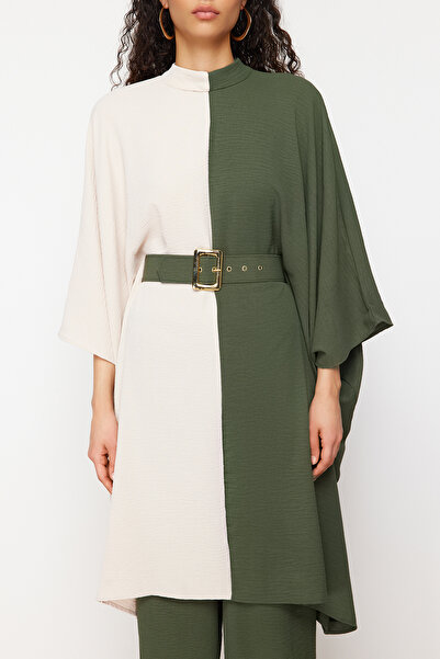 Trendyol Modest Khaki Color Blocked Waist Belted Tunic-Pants Woven Suit TCTSS23US00046