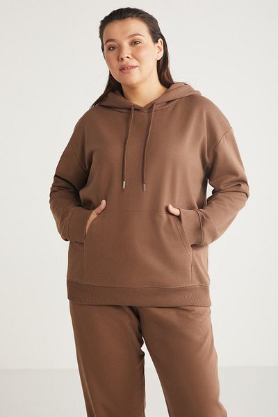 ETHIQUET Terezabb Γυναικείο Fleece Inside Soft Comfort Εφαρμογή με κουκούλα καγκουρό τσέπη καφέ μεγάλου μεγέθους εφίδρωση