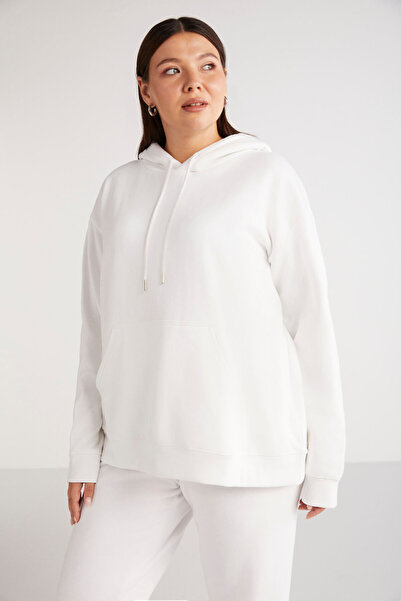 ETHIQUET Terezabb Hanorac alb de mărime mare, cu glugă, cu buzunar cangur, pentru femei