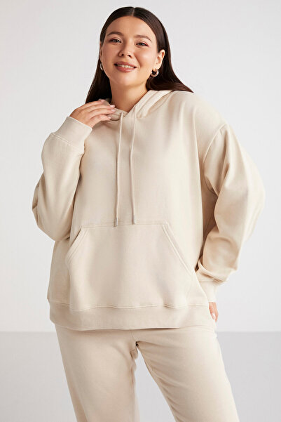 ETHIQUET Γυναικείο φλις Terezabb με κουκούλα με κουκούλα καγκουρό, μπεζ μεγάλου μεγέθους, φούτερ