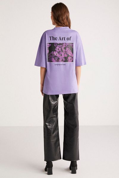ETHIQUET Kalısta Women's 100% Organic Cotton Oversize Back and Front Floral Printed Round Collar Purple T-Shirt