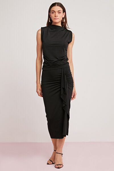 ETHIQUET Melında Women's Knitted Black Pencil Skirt with Drape Detail that Fits the Body Completely