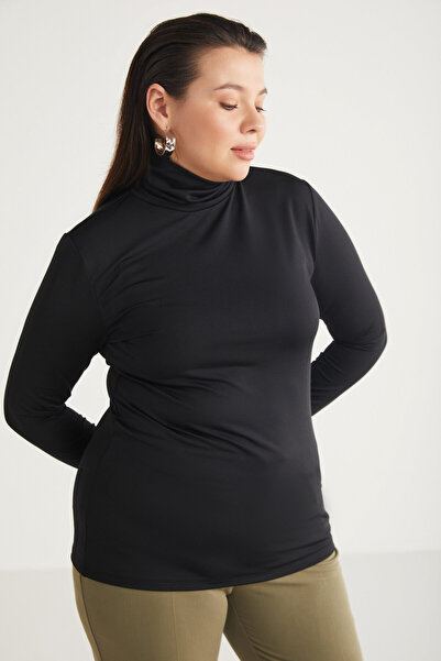 ETHIQUET Emerybb Women's Body Completely Fitted Viscose Elastane Blend Turtleneck Black Plus Size Blouse