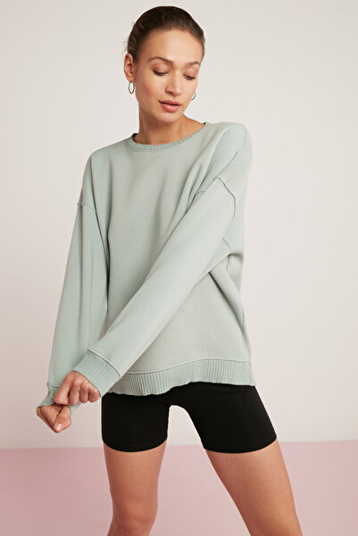 ETHIQUET Γυναικείο φούτερ Brenda Oversize Mint Green - με φλις, στρογγυλή λαιμόκοψη και λεπτομέρεια καμιζόλας