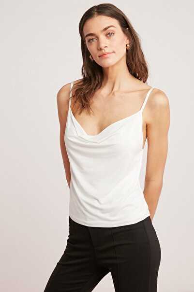 ETHIQUET Karen Women's Light Flowing Degaje Collar Thin Strap Ecru Blouse