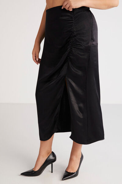 ETHIQUET Fustă de damă Jena Bubble Satin Look Drapeat Detaliat midi Negru Dimensiuni Mari