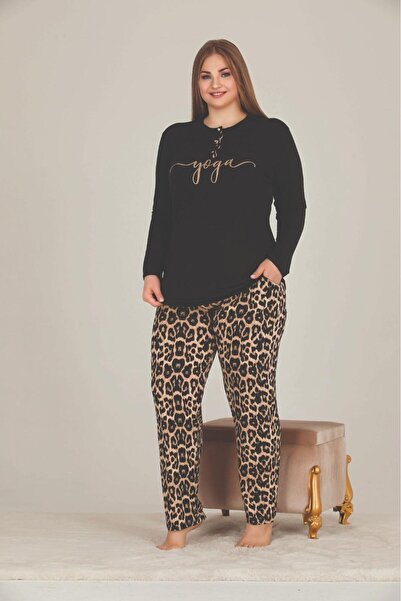 Generic Brand Large Size Leopard Patterned Long Sleeve Pajama Set Black Pj11326