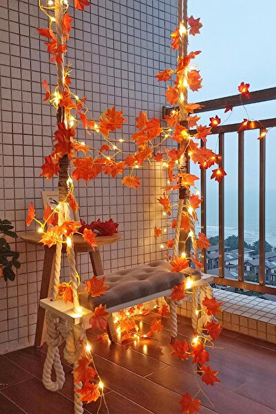 LUZAB Süsleyici Sonbahar Yapraklı Yapay Sarmaşık Ve Gün Işığı Renginde Peri Led (Sarmaşık 230cm Led 300cm)