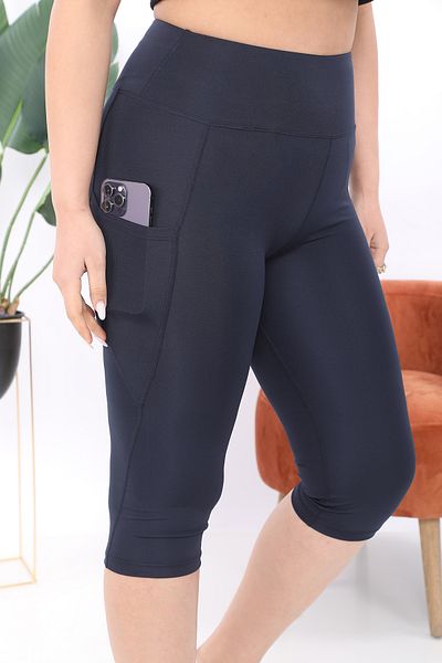 BANEGA Curve Women's Large Size Navy Blue High Waist Recovery Double Pocket Below the Knee Capri Leggings Capri
