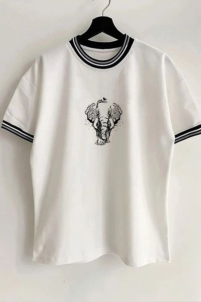 Vordevia Tricou alb de vară, unisex, cu imprimeu elefant, sezon nou, cu guler supradimensionat