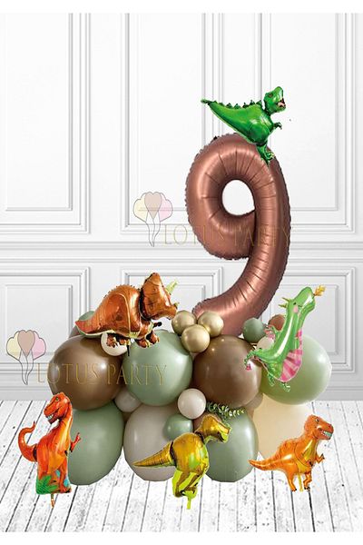 LOTUS PARTY Μπαλόνι με φύλλο δεινοσαύρων 9 ετών σε καφέ αριθμό - Πακέτο γενεθλίων με θέμα το σαφάρι