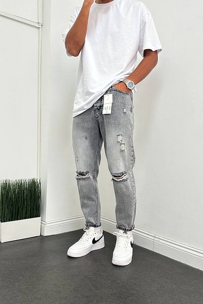 Denim Shorty Boyfriend Grey Τζιν Μοντέλο με σκισίματα γόνατου