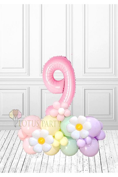 LOTUS PARTY Σετ πάρτι γενεθλίων 9 ετών - Θέμα Daisy, ροζ αριθμός και μπαλόνι από αλουμινόχαρτο