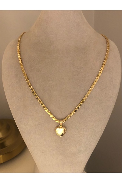 emy by emel luxury silver jewelry Altın Kaplama Kapaklı Kalp Madalyonlu Arpa Zincir Kolye 925 Ayar Gümüş