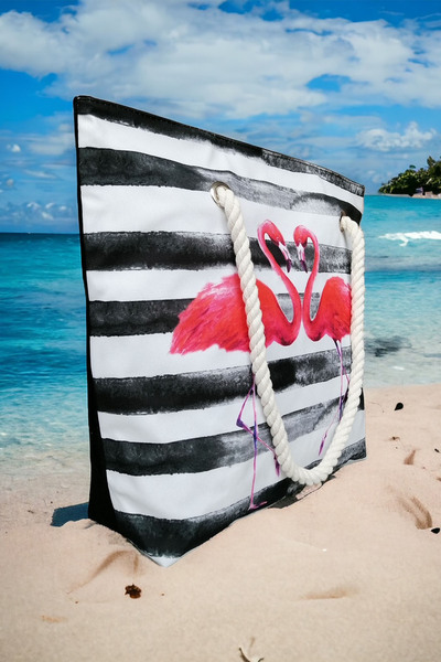 AGOÇANTA Γυναικεία τσάντα παραλίας Flamingo με μαύρη ρίγα