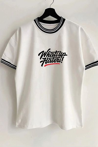 Vordevia Whats Up Haters Text Printed Unisex New Season Oversize Fit γιακά Λεπτομερές καλοκαιρινό λευκό μπλουζάκι