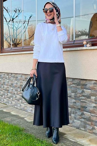 Rabia Şamlı Σατέν Μαύρη Φούστα