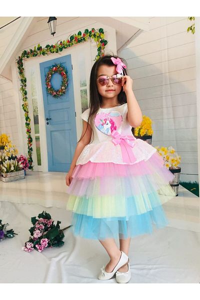 esmacamoda Unicorn White Girl's Dress