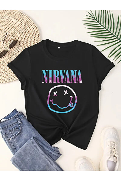 AEMİ Unisex Nirvana Printed Oversize 100% βαμβακερό μαύρο μπλουζάκι