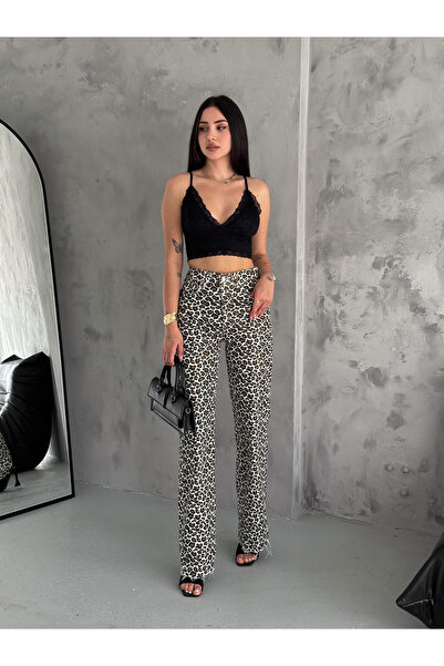 efstyle Легкі блискучі джинси-палаццо з леопардовим принтом і еластичним трикотажем