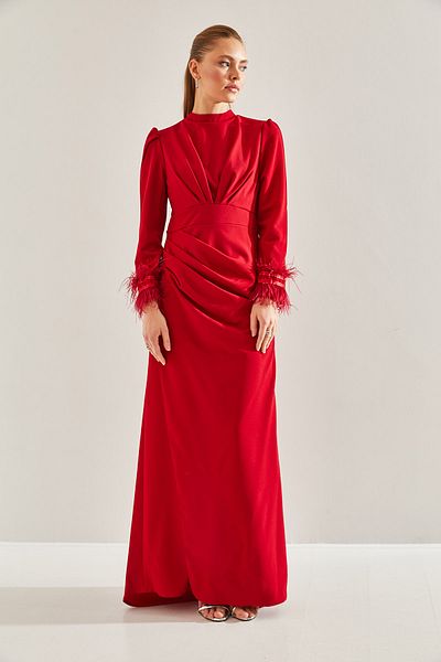 Bianco Lucci Modest Tasseled Sleeves and Gathered Front - Hijab Evening Dress60191007