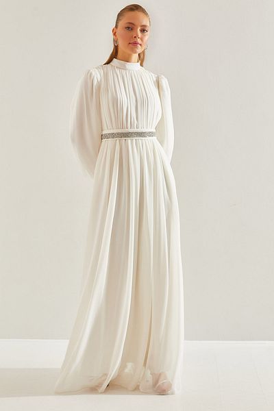 Bianco Lucci Modest Jewelled Belted Lined Hijab Dress -60191008