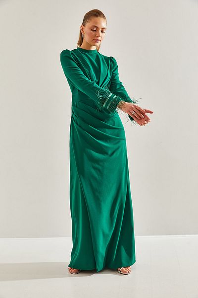Bianco Lucci Modest Φούντες μανίκια και μαζεμένο μπροστά - βραδινό φόρεμα Hijab60191007