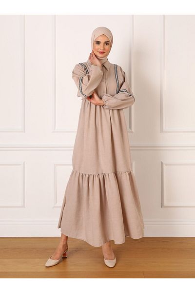 Refka Stripe Detailed Half Placket Hijab Dress - Beige - Refka